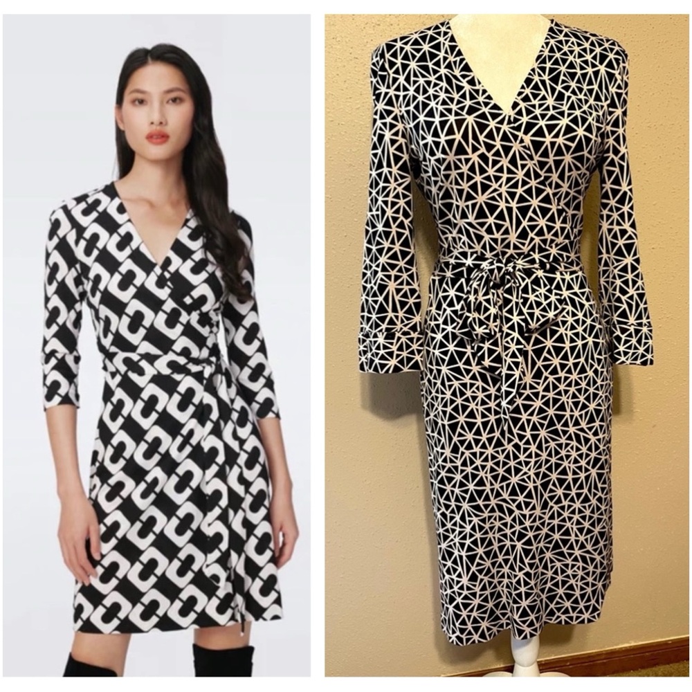 Sz 6 Diane Von Furstenberg Vintage Wrap Dress Black & Ivory Geometric Pattern